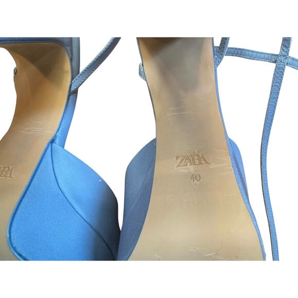 ZARA Chunky Heeled Platform Shoes Size 40 Blue Satin EUC $129 MSRP Square Toe - Picture 3 of 13